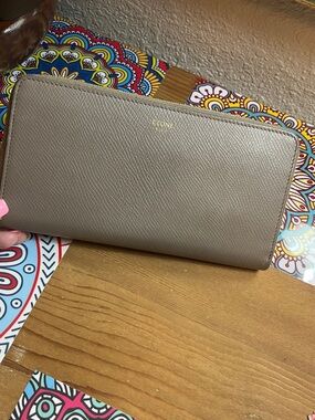 Celine Saffiano Leather Zip Wallet in Taupe